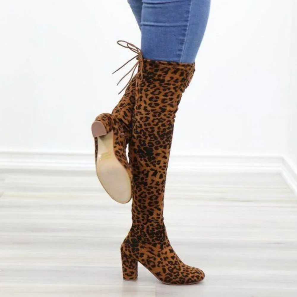 Suede Leopard Thigh High Heeled Boots
